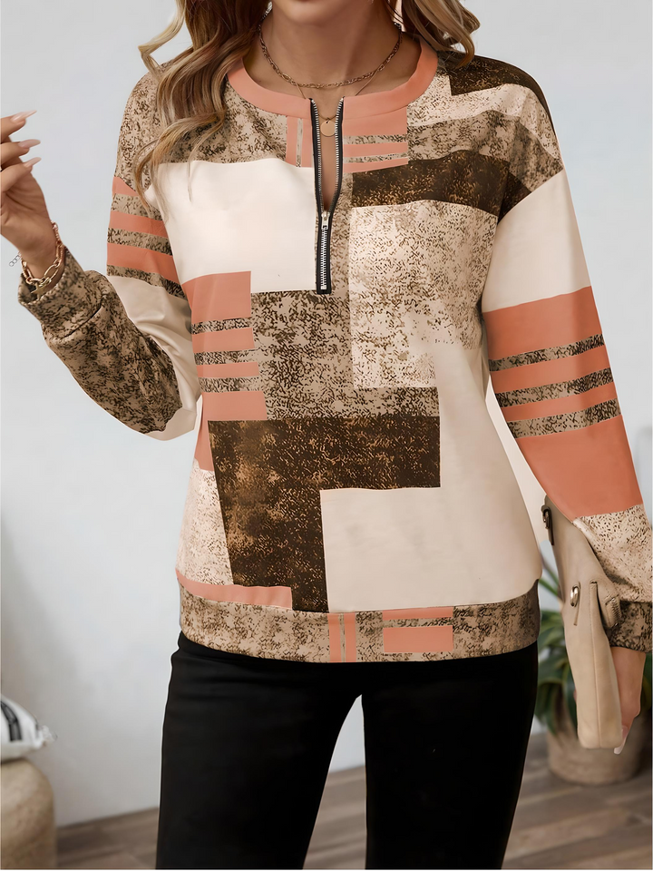 Women's Abstract Print Zip Front Blouse - Modern Everyday Top