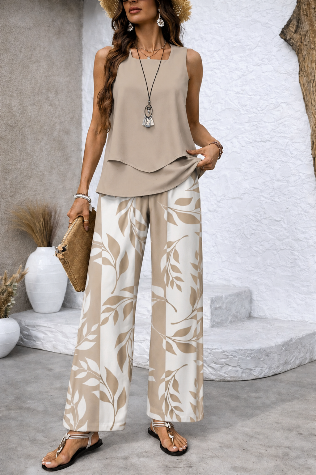 Women's Desert Leaf Print Two-Piece Set - Elegant Everyday Style