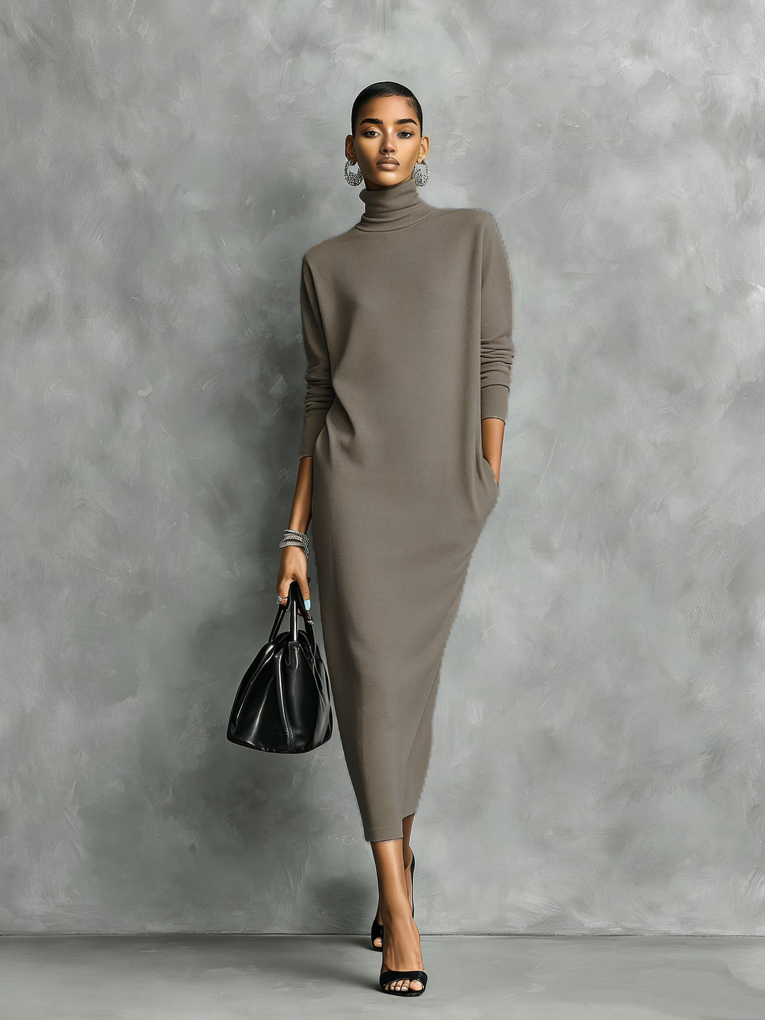 Women's Knitted Turtleneck Midi Dress - Cozy and Chic