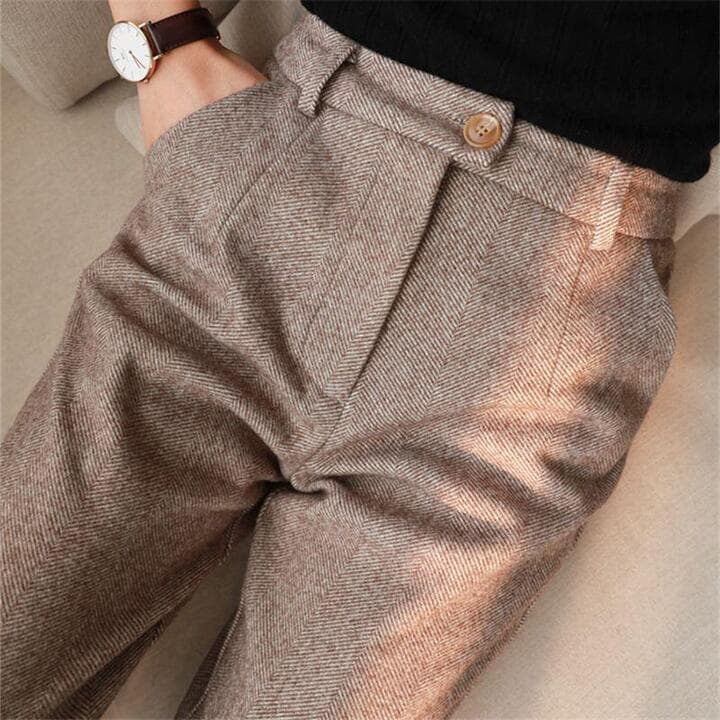 Women's Pleated Pants - Elegant Herringbone for Effortless Style