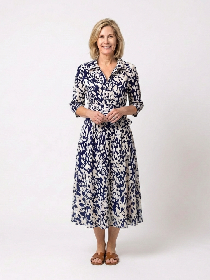Women's Collared Long Sleeve Midi Dress - Waist Tie, Everyday Chic