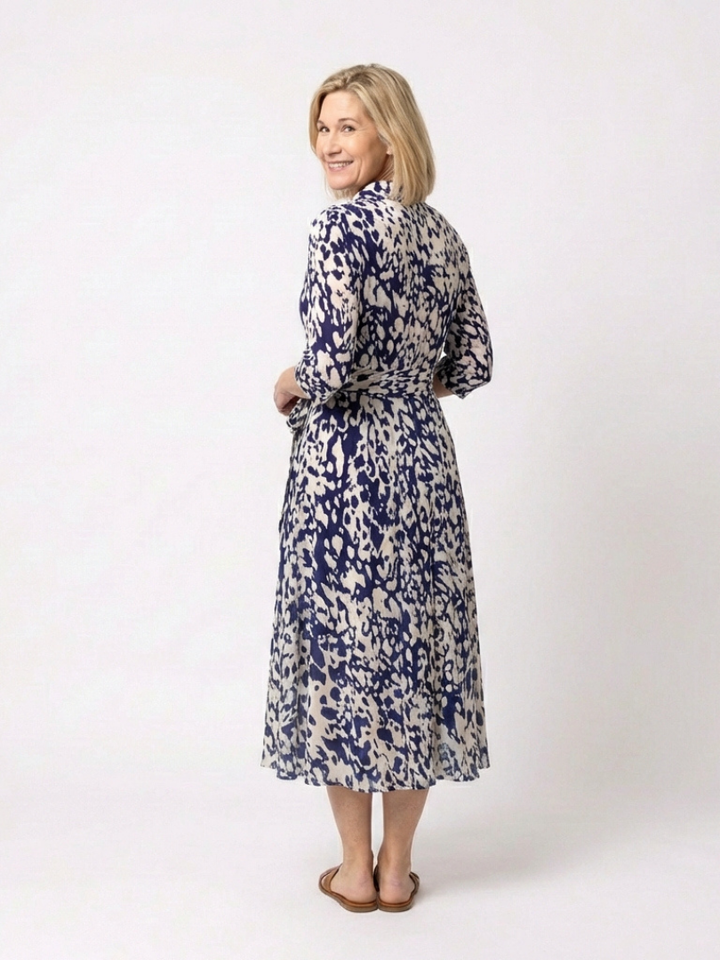Women's Collared Long Sleeve Midi Dress - Waist Tie, Everyday Chic