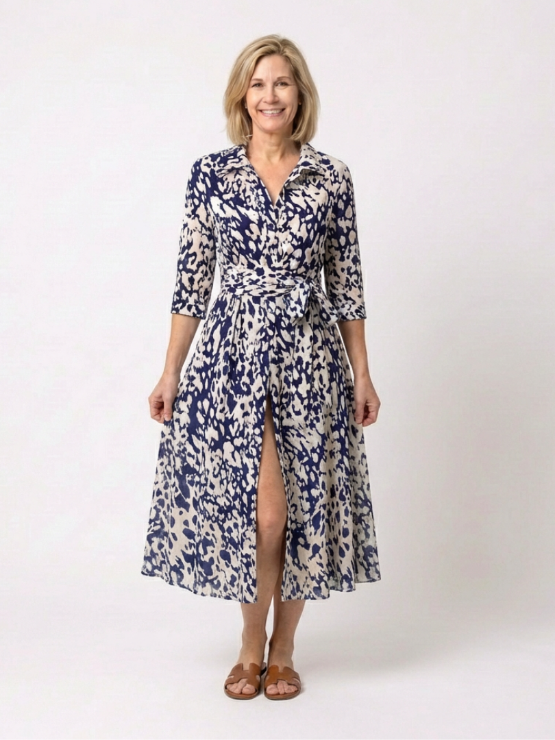 Women's Collared Long Sleeve Midi Dress - Waist Tie, Everyday Chic