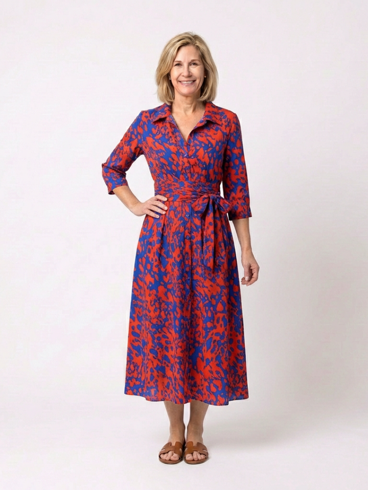 Women's Collared Long Sleeve Midi Dress - Waist Tie, Everyday Chic