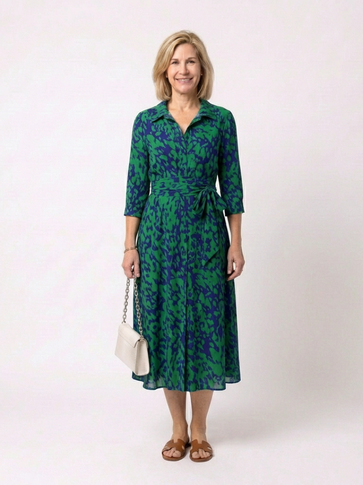 Women's Collared Long Sleeve Midi Dress - Waist Tie, Everyday Chic