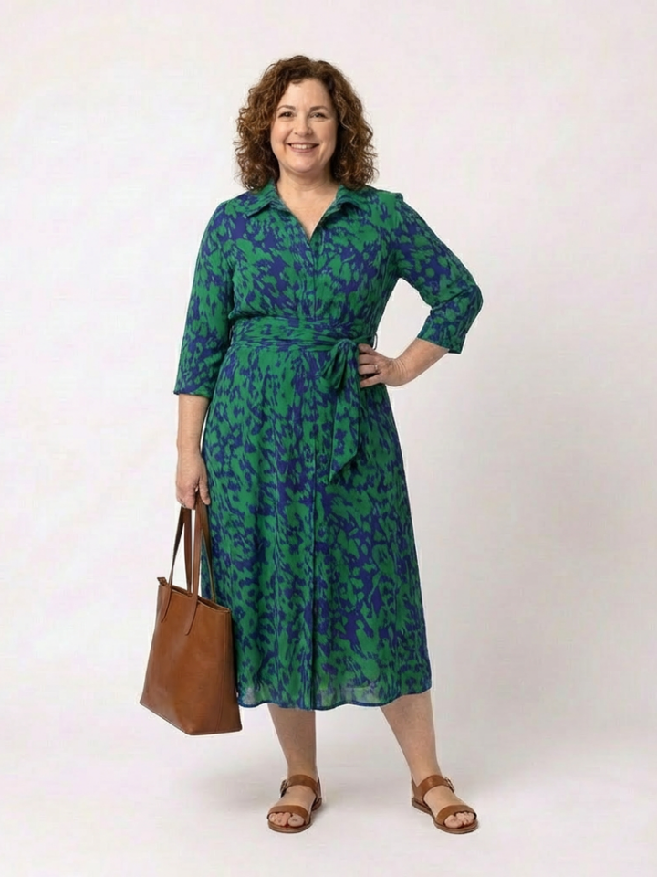 Women's Collared Long Sleeve Midi Dress - Waist Tie, Everyday Chic
