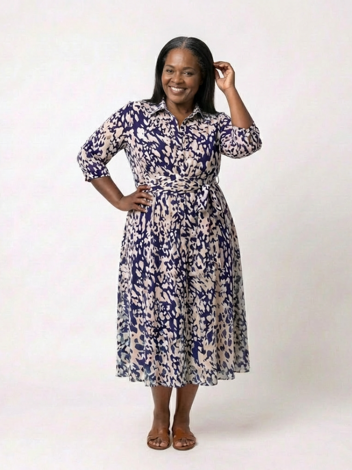 Women's Collared Long Sleeve Midi Dress - Waist Tie, Everyday Chic