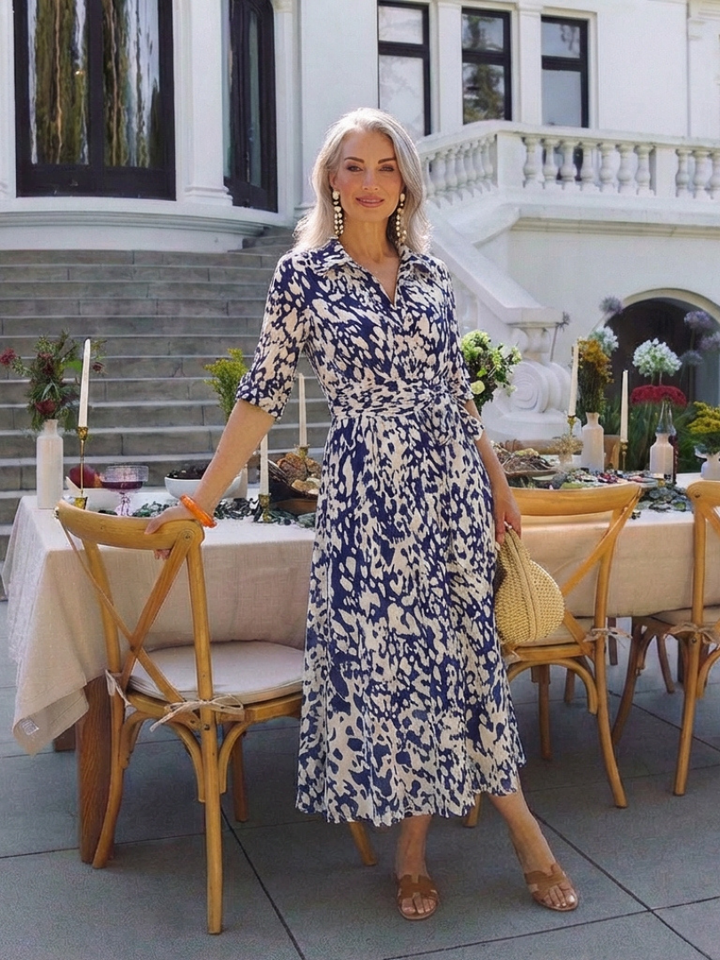Women's Collared Long Sleeve Midi Dress - Waist Tie, Everyday Chic