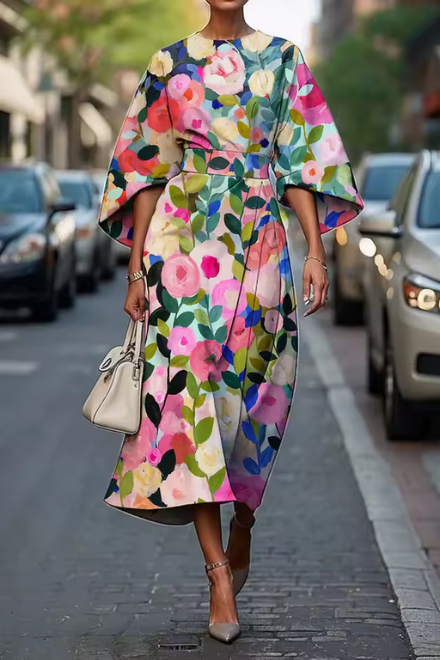 Women's Oversized Floral Midi Dress – Effortless Elegance