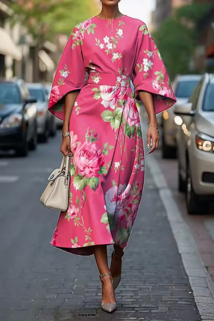 Women's Oversized Floral Midi Dress – Effortless Elegance