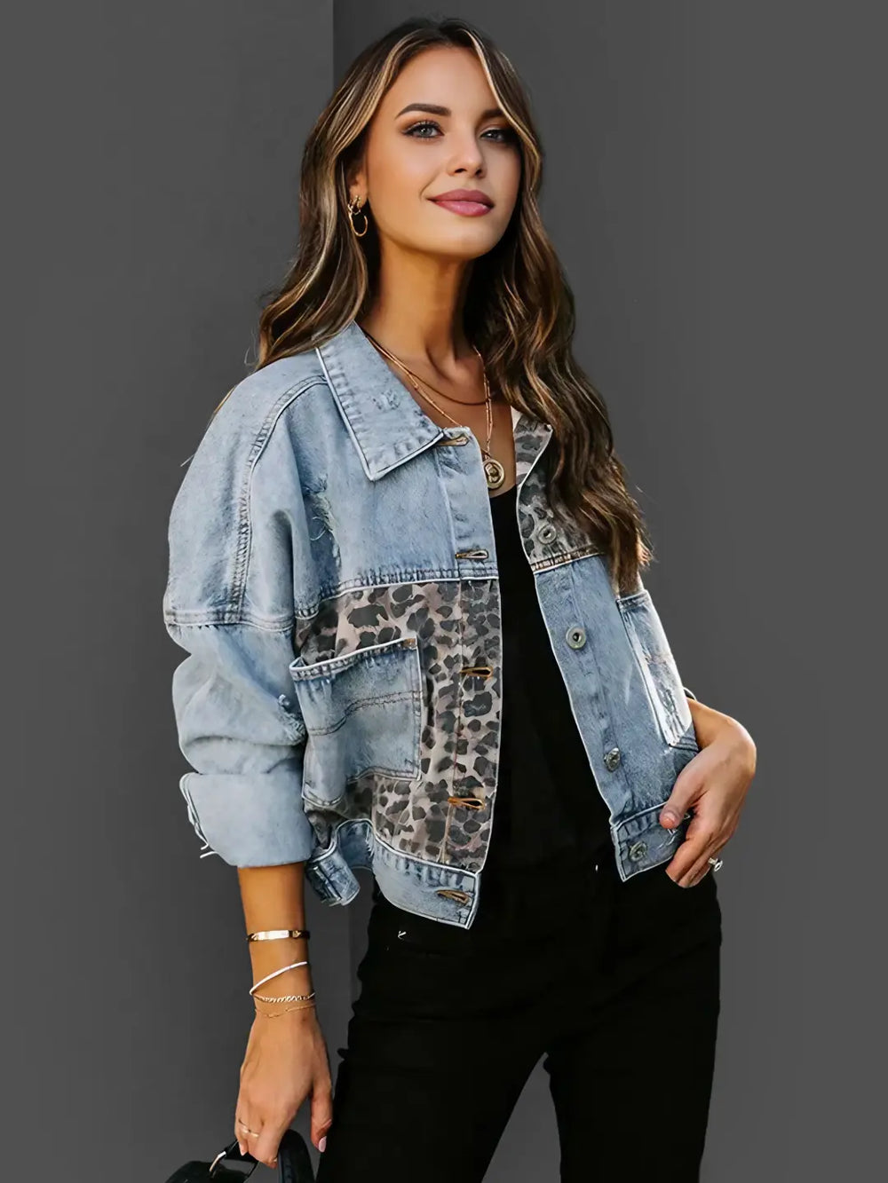 Women's Leopard Print Denim Jacket – Structured Statement Layer