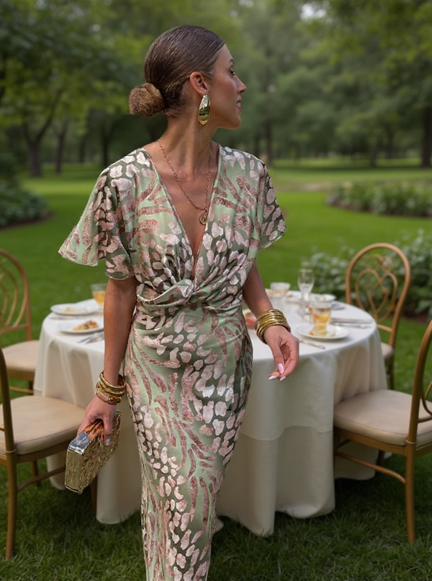 Women's Printed Twist Front Maxi Dress - Elegant Movement