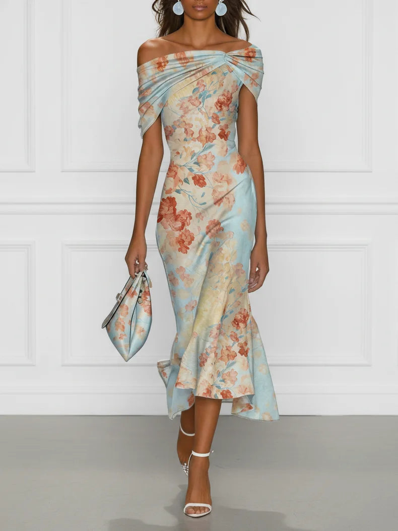 Women's Blue Floral Mermaid Midi Dress - Off-Shoulder Elegance