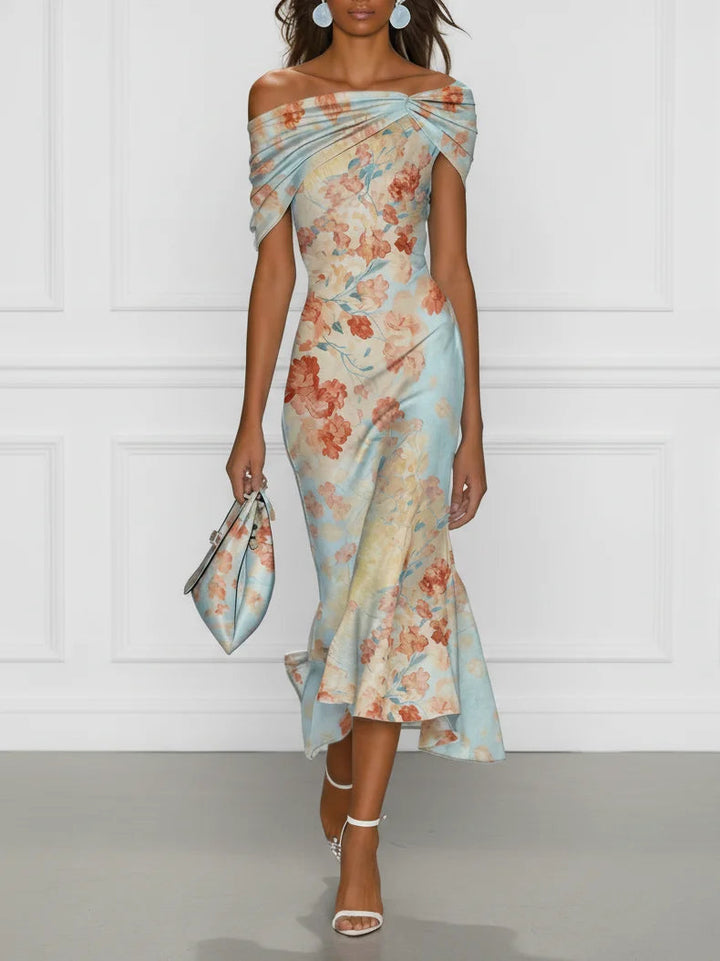 Women's Blue Floral Mermaid Midi Dress - Off-Shoulder Elegance