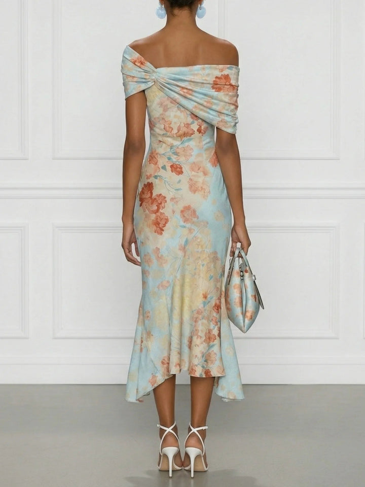 Women's Blue Floral Mermaid Midi Dress - Off-Shoulder Elegance