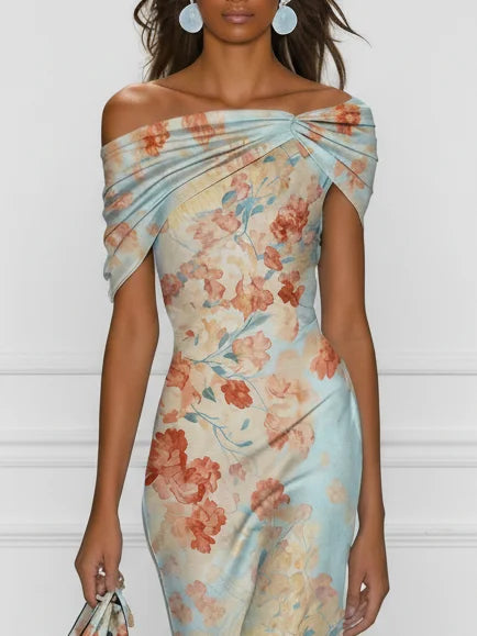 Women's Blue Floral Mermaid Midi Dress - Off-Shoulder Elegance