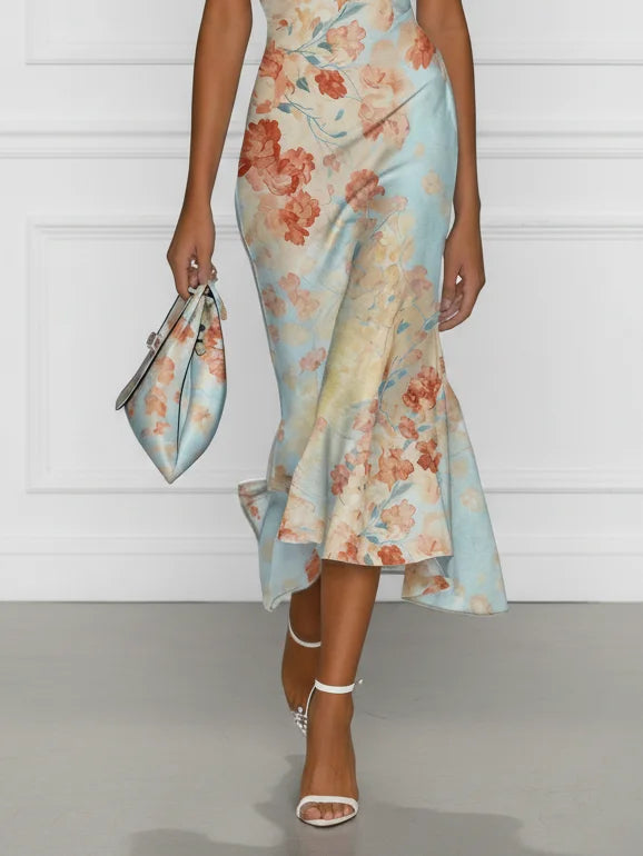 Women's Blue Floral Mermaid Midi Dress - Off-Shoulder Elegance