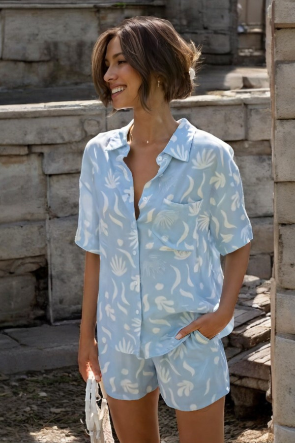 Women's Turn-Down Collar Shirt and Short Set - Effortlessly Chic