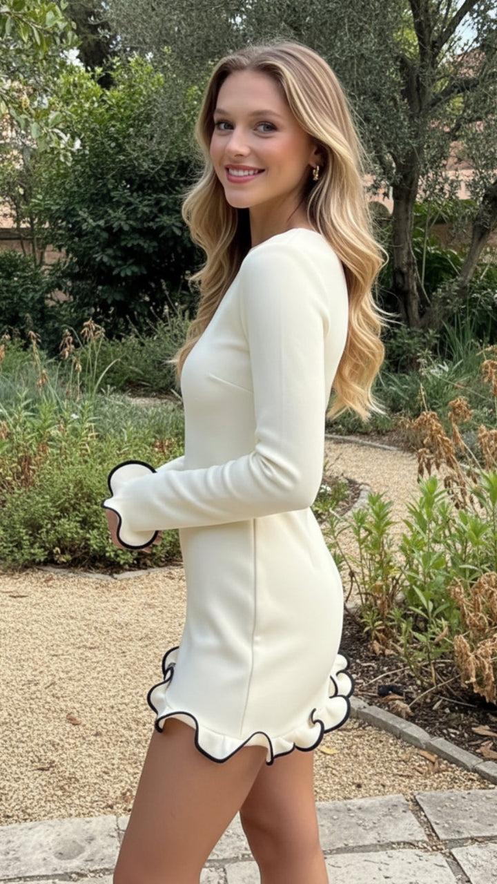 Women's Long Sleeve Ruffle Hem Fitted Mini Dress - Chic & Flattering