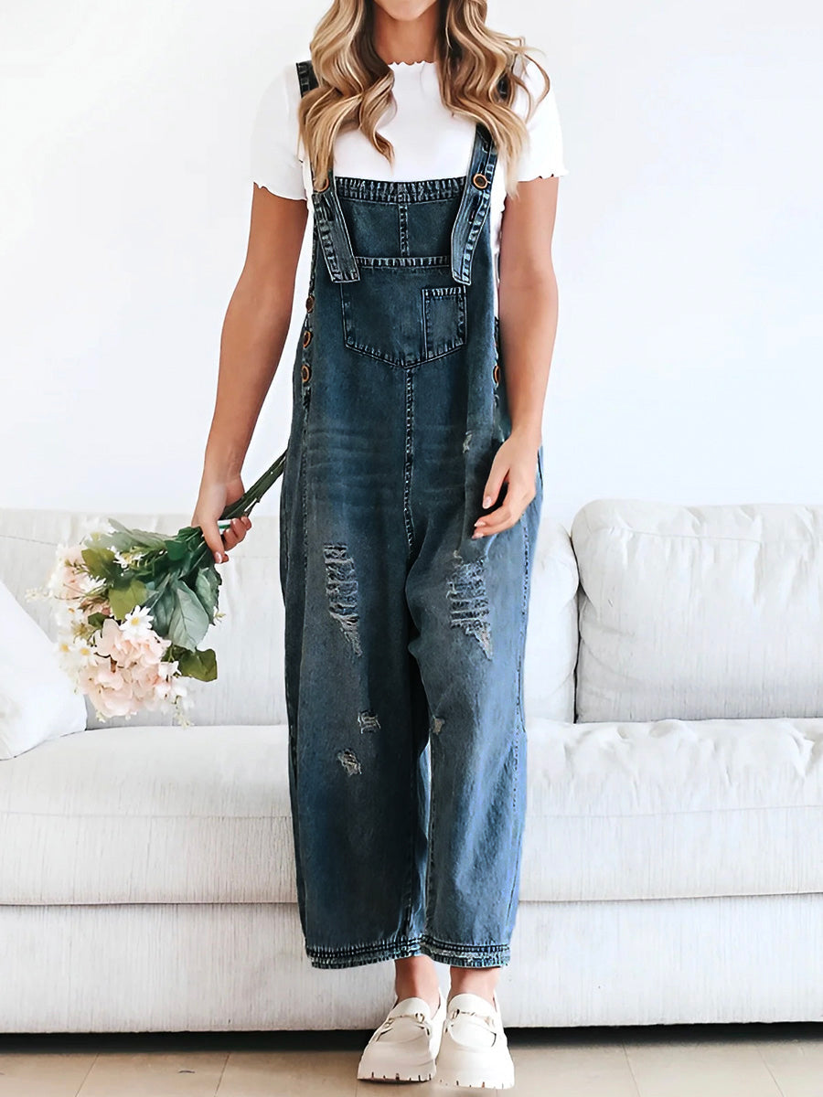 Women's Loose Fit Distressed Denim Overalls - Effortlessly Cool