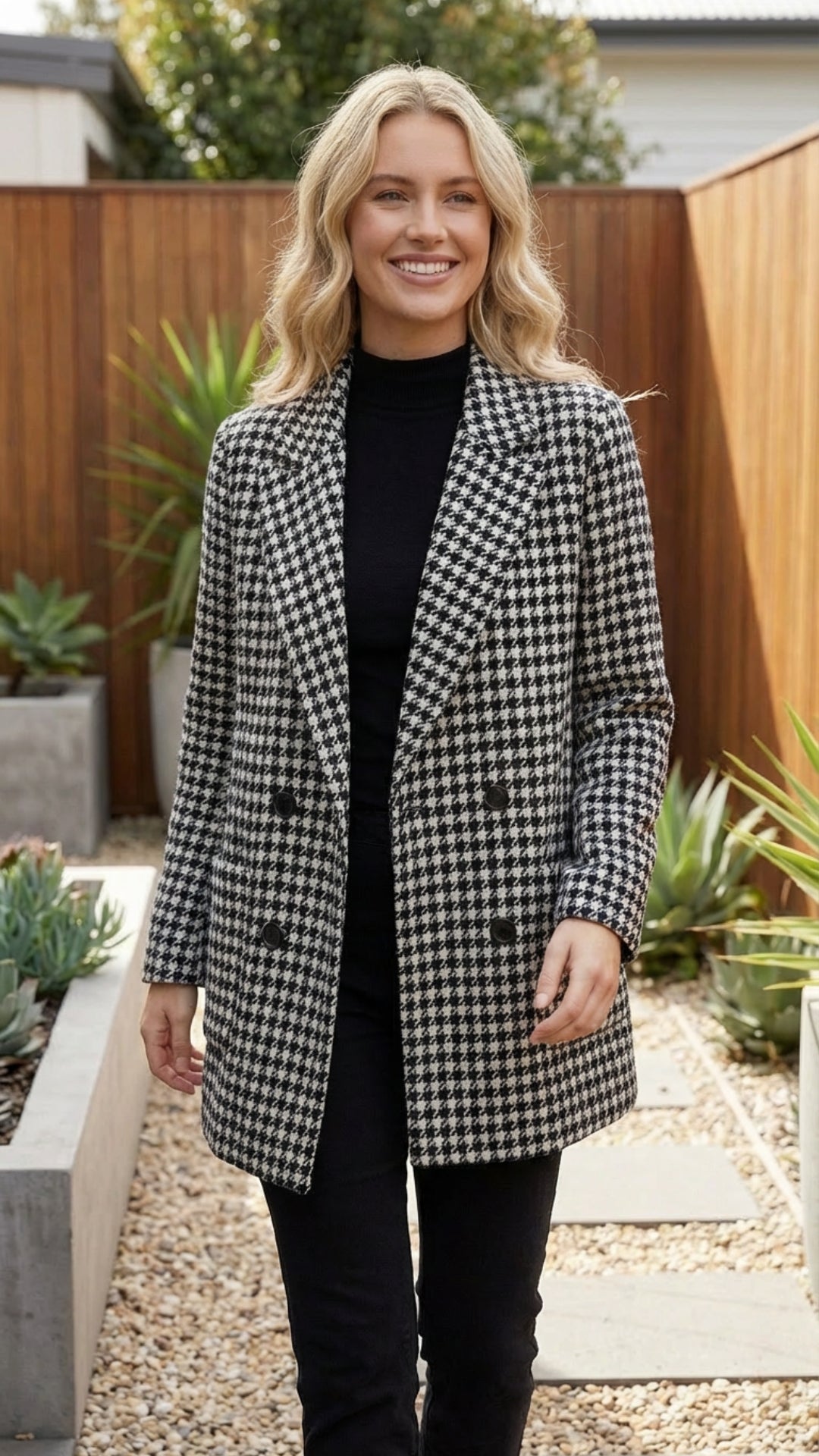 Women's Checkered Double Breasted Long Blazer - Everyday Polish