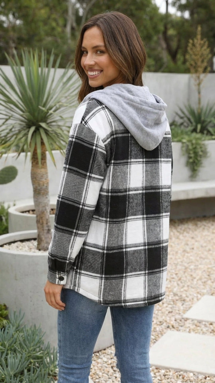 Women's Checkered Print Hooded Jacket - Cozy Everyday Style