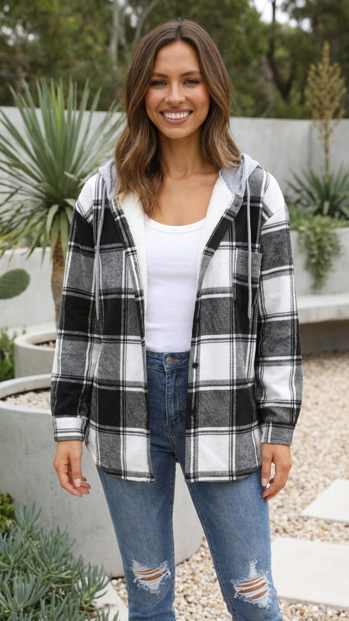 Women's Checkered Print Hooded Jacket - Cozy Everyday Style