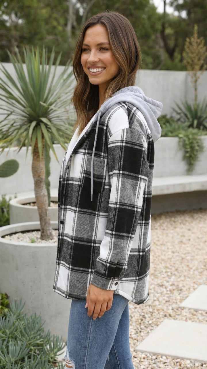 Women's Checkered Print Hooded Jacket - Cozy Everyday Style