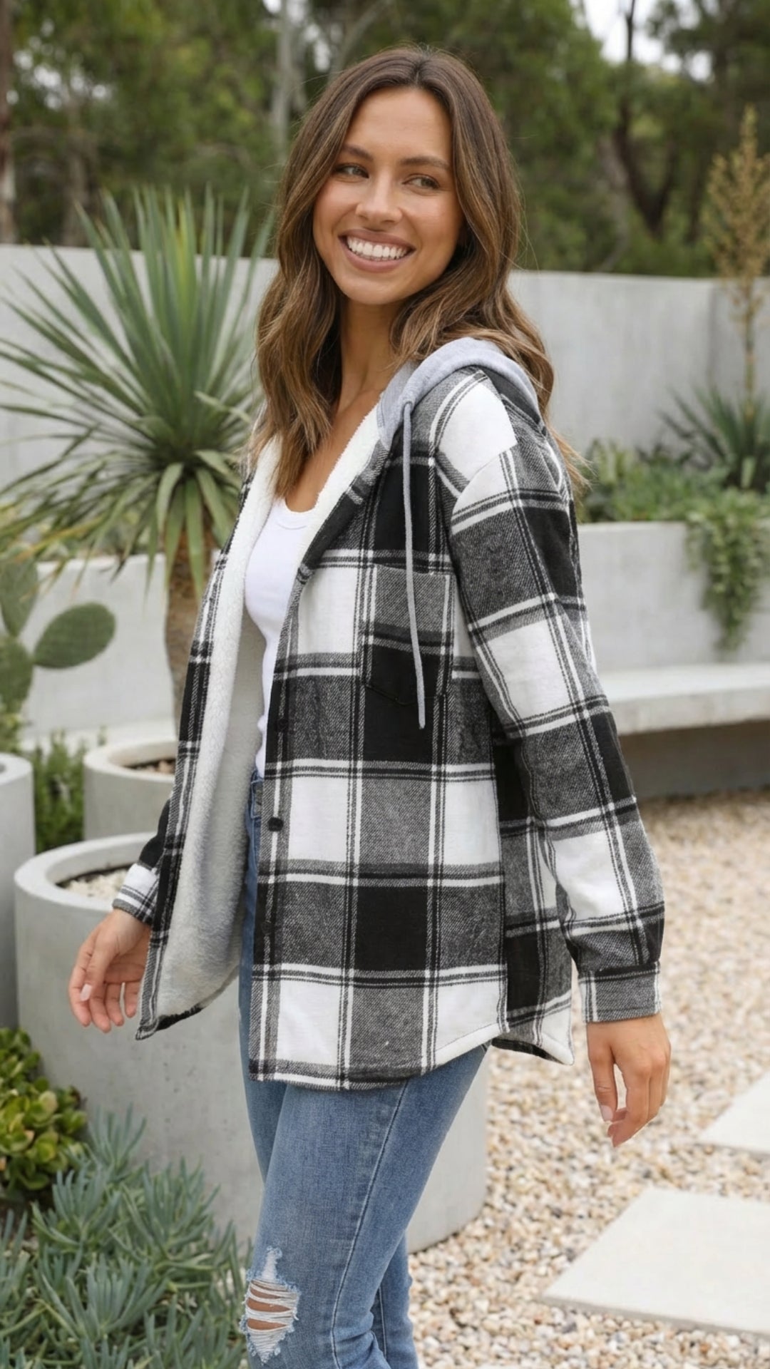 Women's Checkered Print Hooded Jacket - Cozy Everyday Style