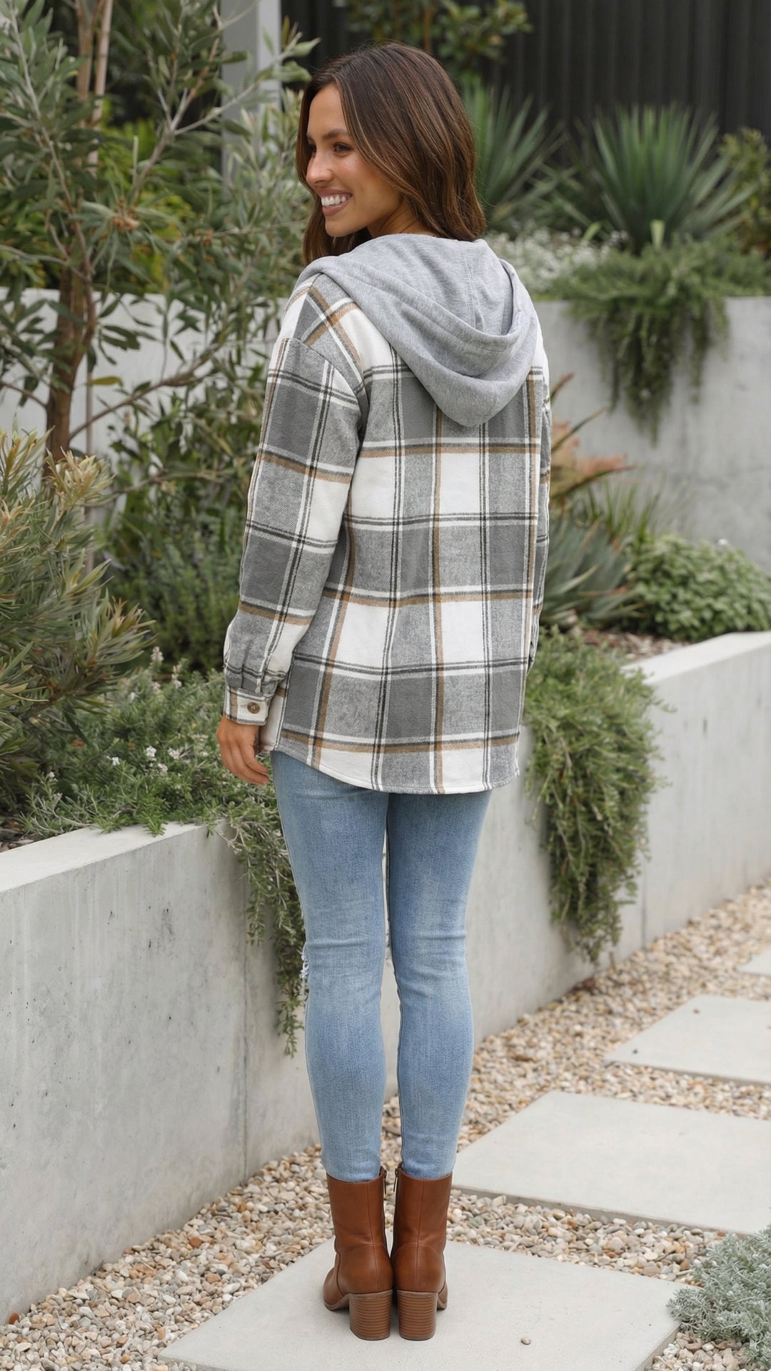 Women's Checkered Print Hooded Jacket - Cozy Everyday Style