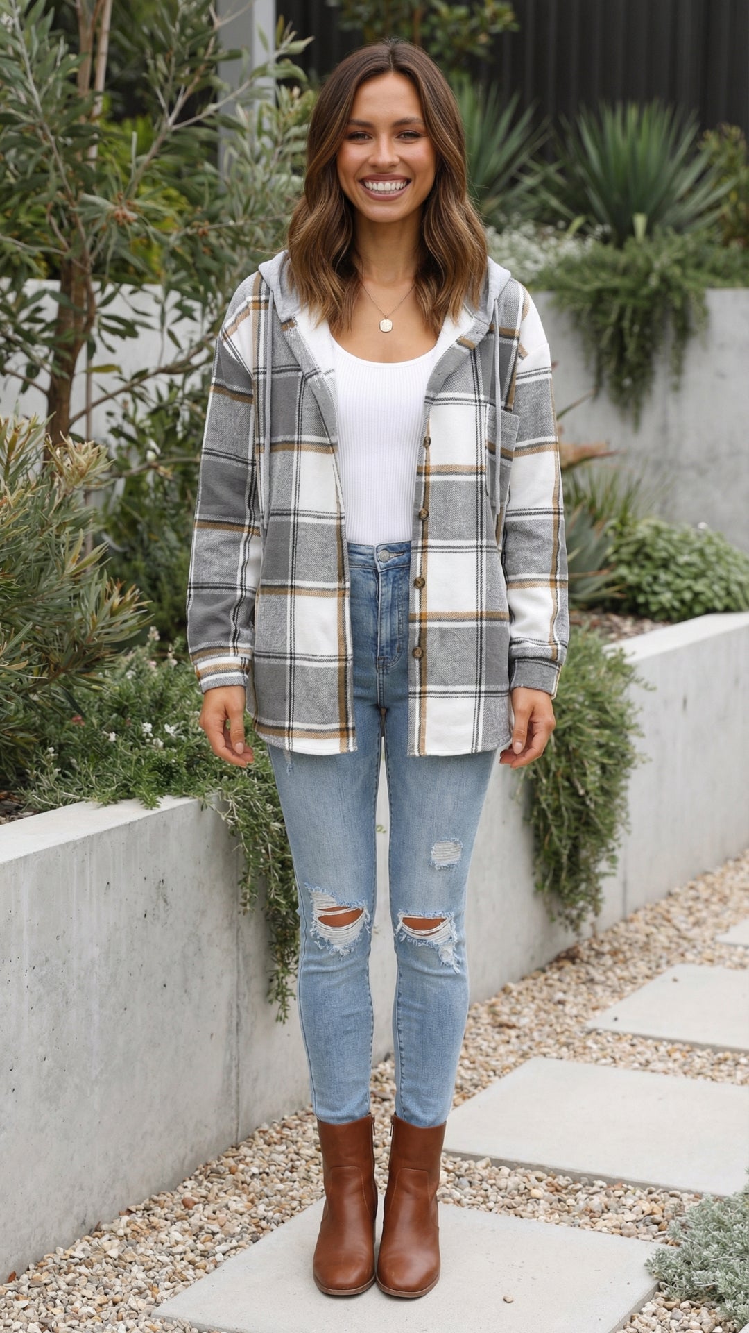 Women's Checkered Print Hooded Jacket - Cozy Everyday Style