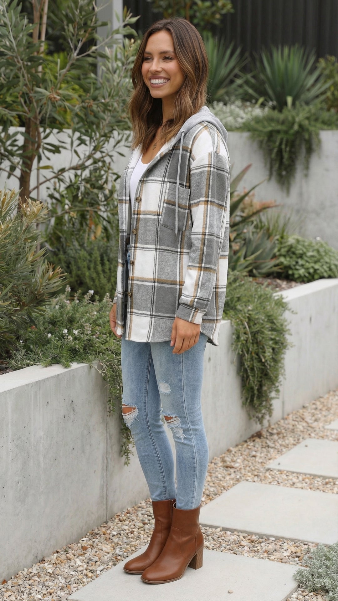 Women's Checkered Print Hooded Jacket - Cozy Everyday Style
