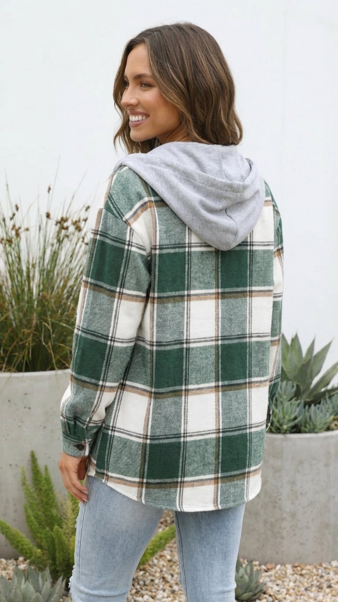Women's Checkered Print Hooded Jacket - Cozy Everyday Style