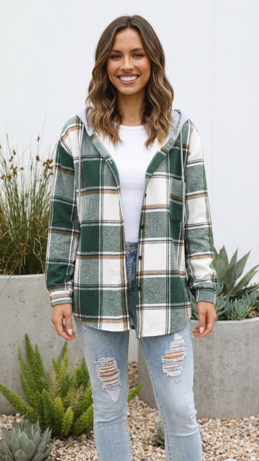 Women's Checkered Print Hooded Jacket - Cozy Everyday Style