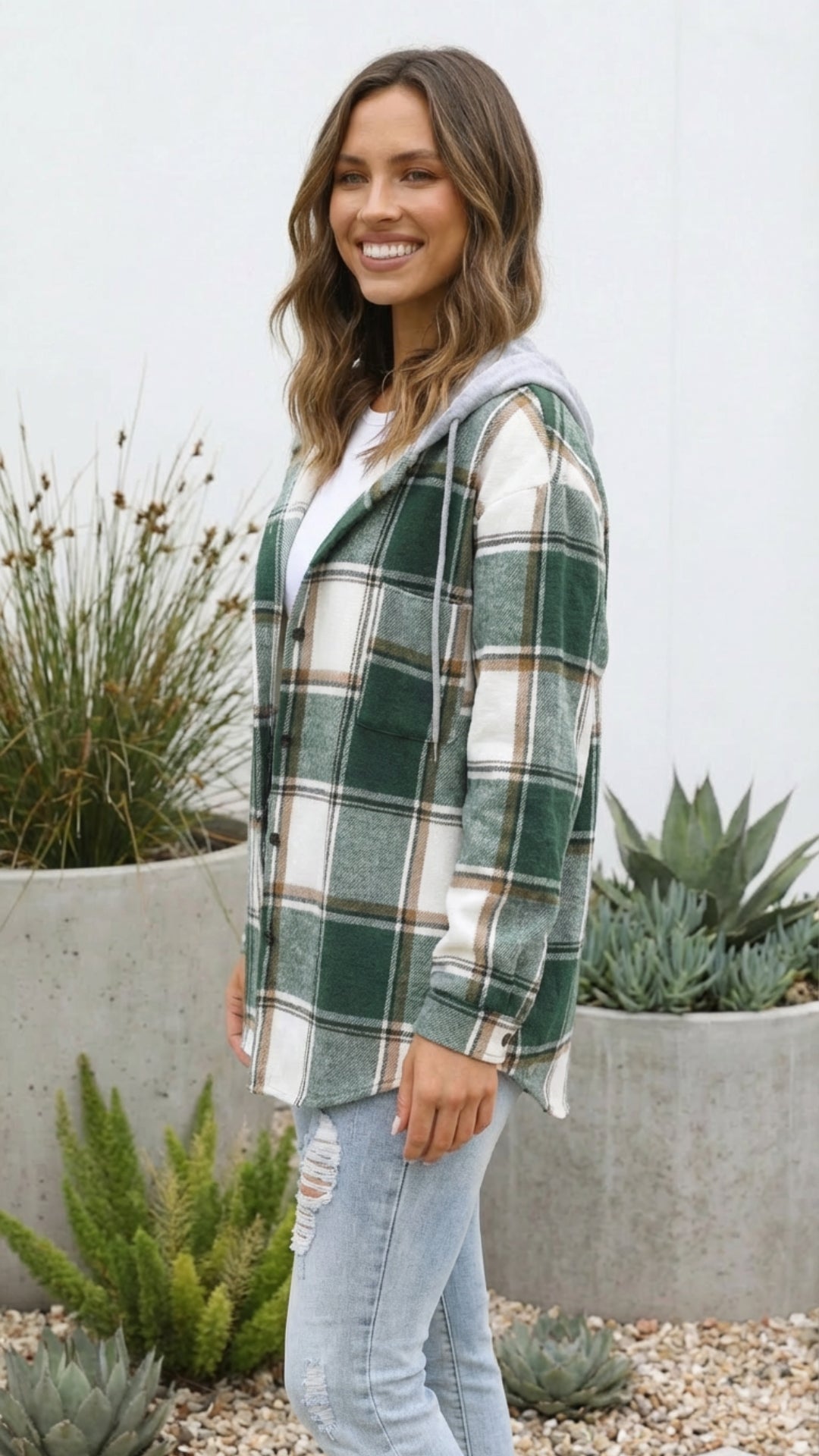Women's Checkered Print Hooded Jacket - Cozy Everyday Style