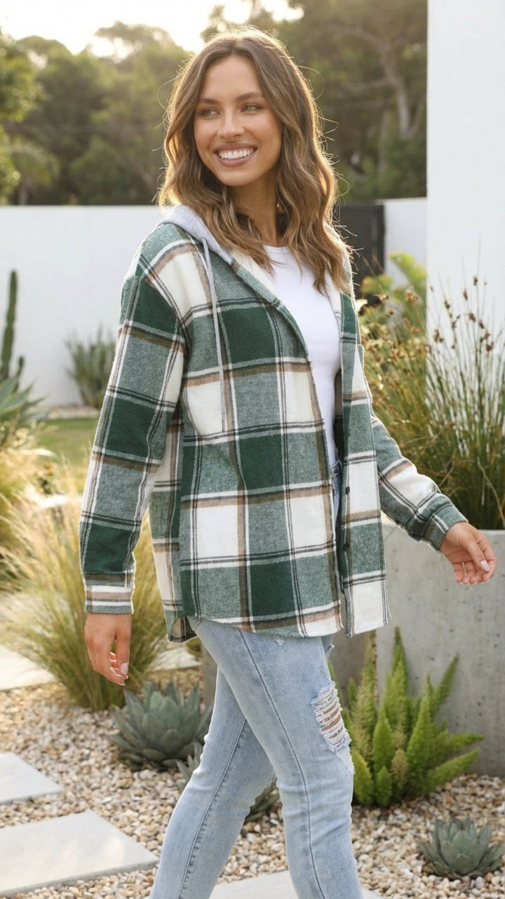 Women's Checkered Print Hooded Jacket - Cozy Everyday Style