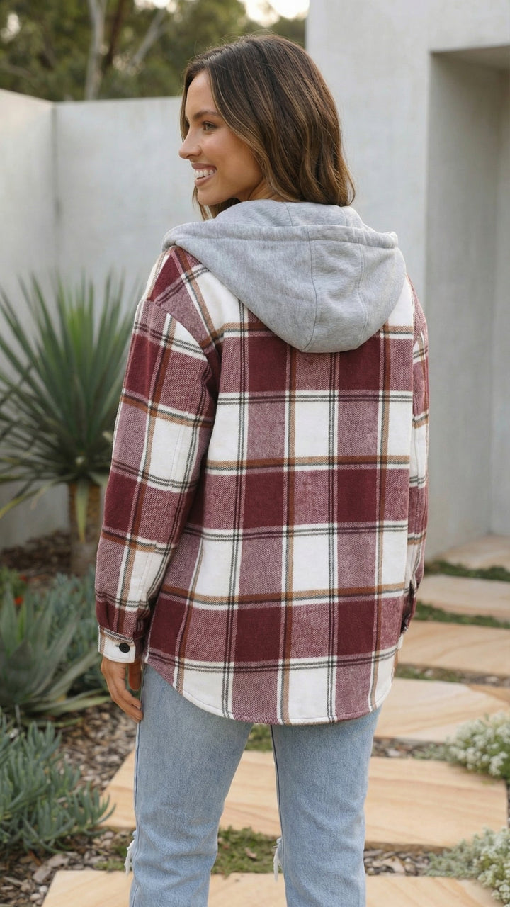 Women's Checkered Print Hooded Jacket - Cozy Everyday Style