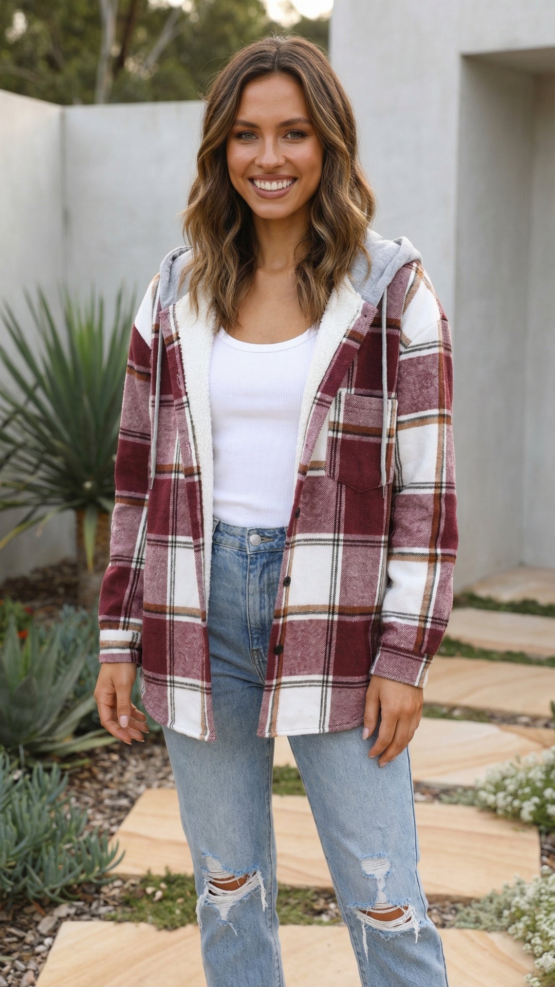 Women's Checkered Print Hooded Jacket - Cozy Everyday Style