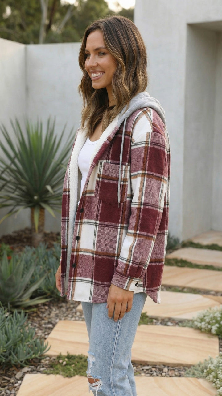 Women's Checkered Print Hooded Jacket - Cozy Everyday Style