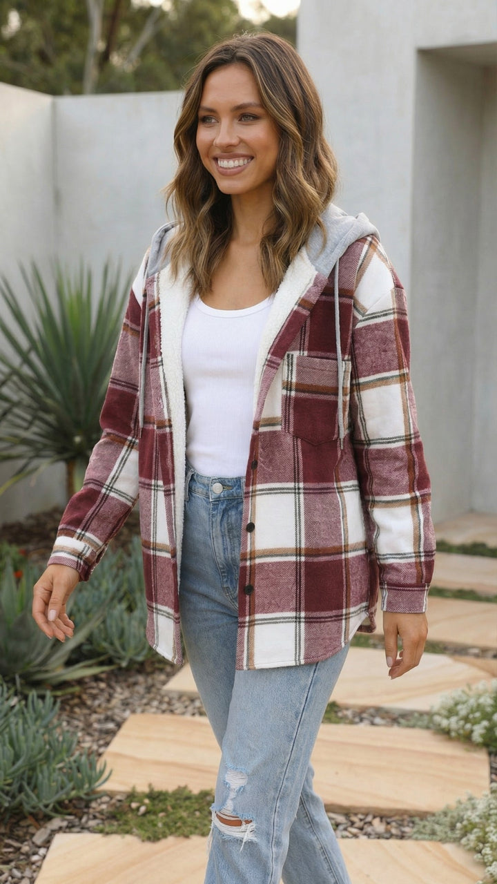 Women's Checkered Print Hooded Jacket - Cozy Everyday Style
