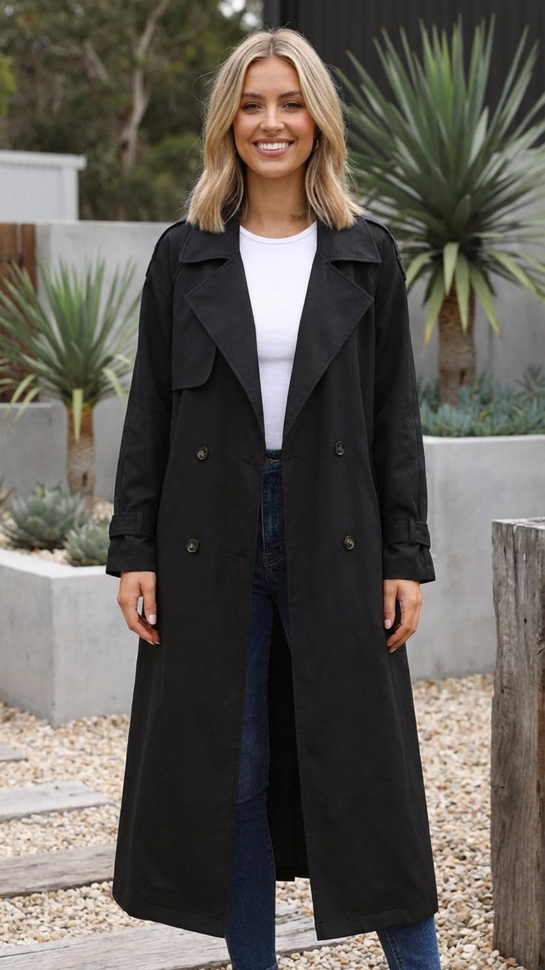 Women's Double-Breasted Long Trench Coat - Timeless Polish