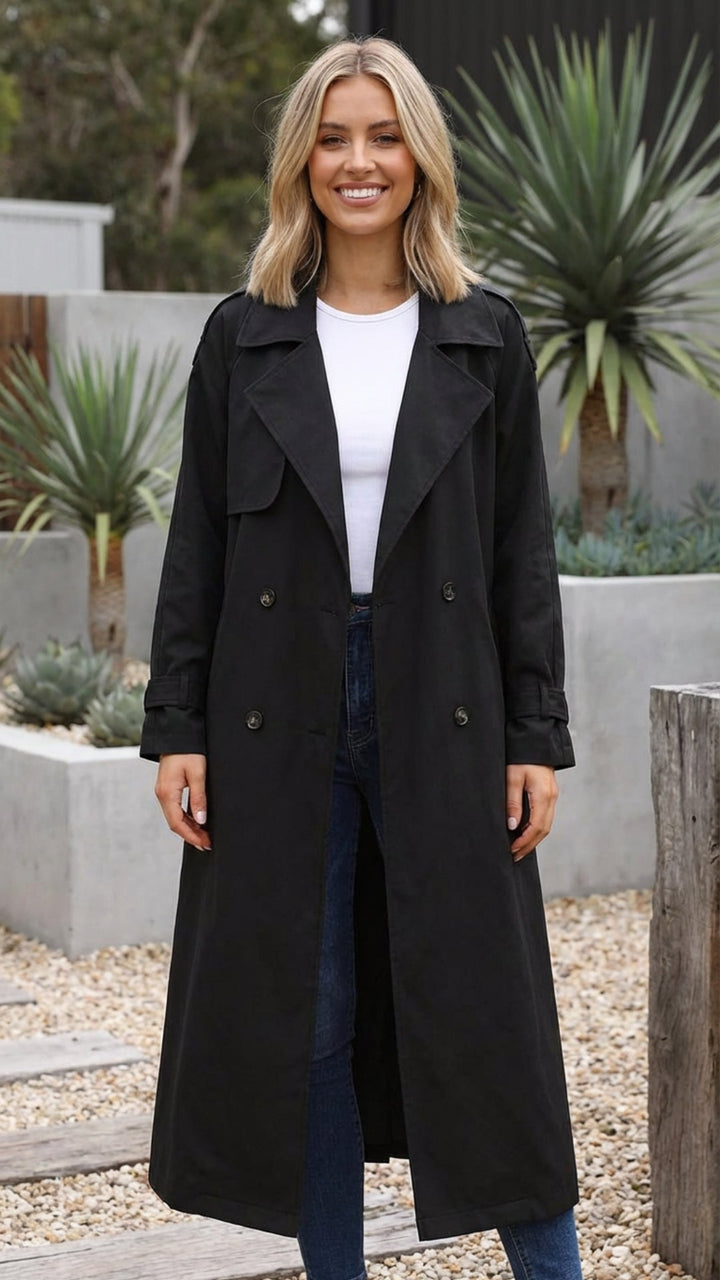 Women's Double-Breasted Long Trench Coat - Timeless Polish