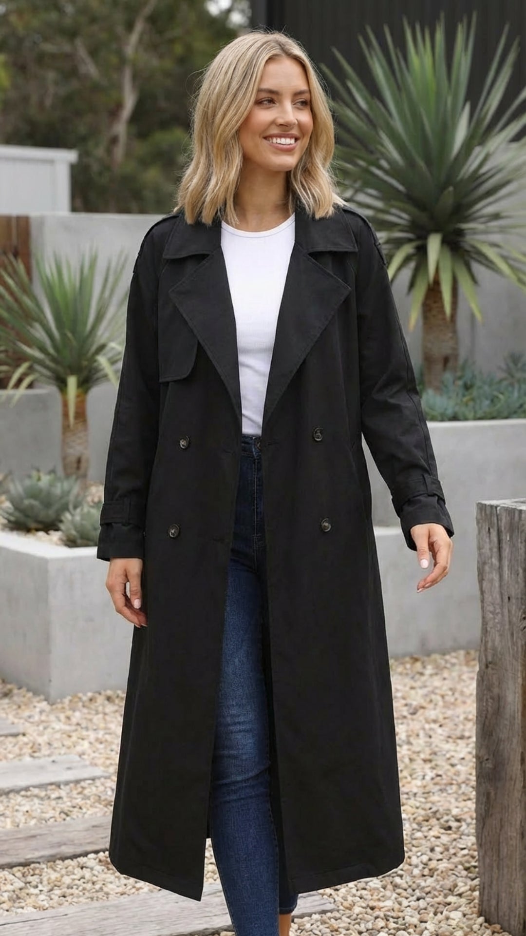 Women's Double-Breasted Long Trench Coat - Timeless Polish