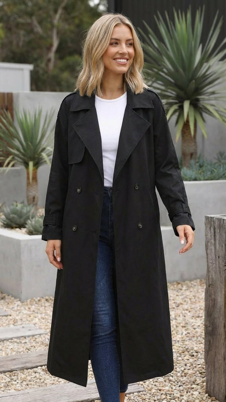 Women's Double-Breasted Long Trench Coat - Timeless Polish