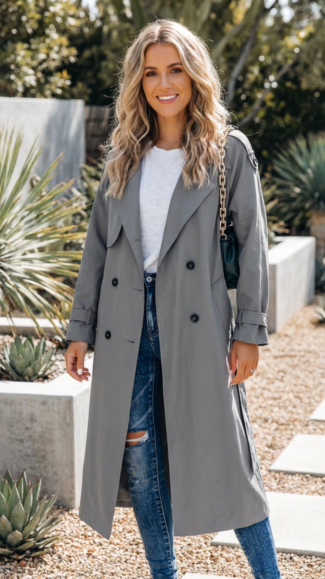 Women's Double-Breasted Long Trench Coat - Timeless Polish