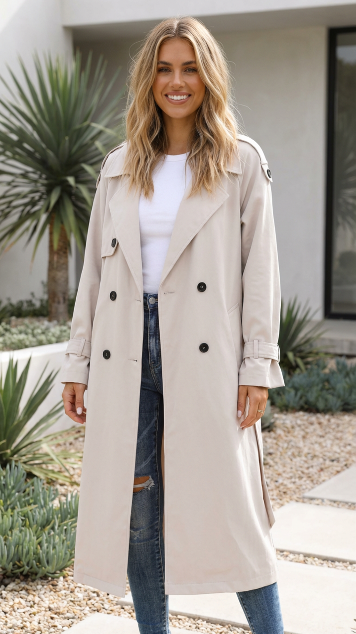 Women's Double-Breasted Long Trench Coat - Timeless Polish