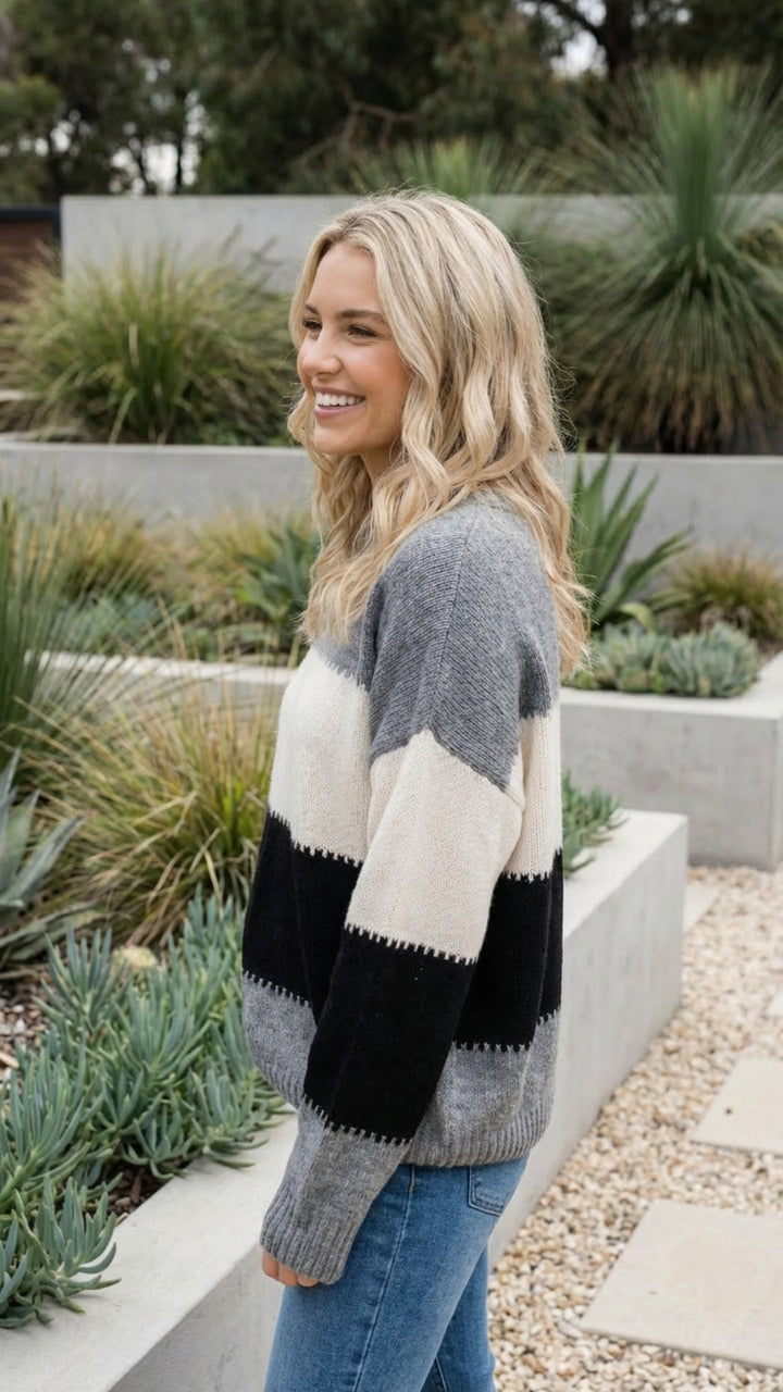 Women's Striped Knit Sweater Pullover - Effortless Everyday Comfort