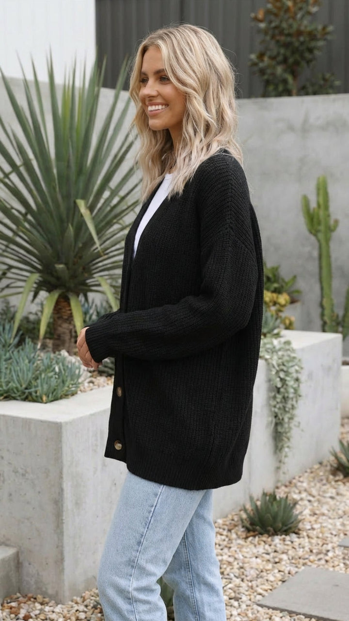 Women's Long Button-Up Knit Cardigan - Cozy Everyday Essential