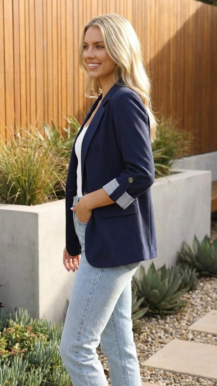 Women's Long Fitted Blazer with Roll-up Sleeves - Clean Tailored Style