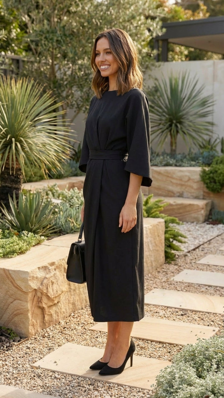 Women's Belted Formal Midi Dress - Elegant Occasion Wear
